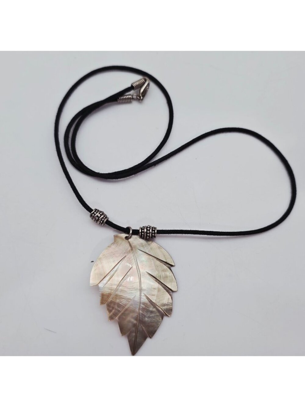 Mother of Pearl Leaf Necklace With Black Cord & Metal Beads Adjustable Clasp